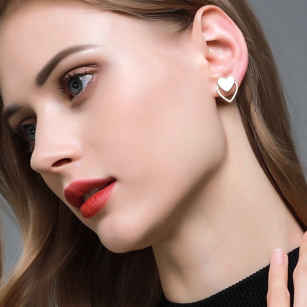 Silver Heart Studs w/Jacket Backs Earrings - Picture 3 of 6